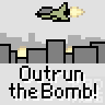 Animated contact sheet showing a 5x4 grid of frames from an 'Outrun the Bomb!' icon sequence with pixelated aircraft, explosions, and cityscape background.