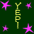 A static image with a dark green background featuring multiple pink star shapes and four vertical yellow 'YEP!' text elements