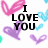 Pixelated heart-shaped icons in pink, purple, and blue surround black text reading "I LOVE YOU" on a white background.