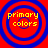 Four identical circular icons with red and blue concentric rings display yellow text reading 'primary colors' on a solid red background.