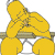 Pixelated yellow figure in bent posture holding a cylindrical object with a white triangular base beneath it.