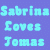 Pixelated text 'Sabrina Loves Jonas' displayed in two color schemes on a dotted background, with cyan-on-purple and purple-on-cyan variations.
