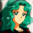 Pixelated anime-style portrait of a character with long teal hair, light skin, and blue eyes, wearing an orange top against a blurred background.