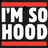 Pixelated icon with red horizontal bars at top and bottom, white block letters spelling 'I'M 30 HOOD' on black background.