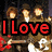 A pixelated image of three people with brown hair holding guitars, overlaid with text reading "I Love the Jonas Brothers!!!" in red and white.