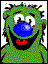 Green cartoon character with blue nose and red mouth, shown in six distinct facial expressions across a