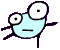 Light blue cartoon character with large white eyes and black pupils, purple outline, flat mouth expression on gray background.