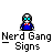 A 4x4 contact sheet of pixel art frames showing a cartoon character in blue suit with red bow tie and cyan glasses, performing various hand gestures including peace sign and pointing while text "Nerd Gang Signs" appears below each frame.