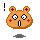Pixel art contact sheet showing two frames of an animated orange hamster-like mascot with red cheeks and purple ear marks, displaying surprised and neutral expressions against a gray background.