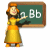 Animated icon of a woman in yellow dress pointing at chalkboard with 'Bb' and lowercase 'b' written on it.