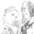 Pixelated grayscale image of two figures in profile view, one on left with short hair and the other on right holding a microphone near their mouth.