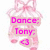 Pixelated pink and white icon with a character holding a sign reading 'Dance, Tony.' in bright magenta text.