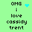 Green background with black pixelated text reading "OMG i love cassidy trent" and a blue heart or star animation changing position.