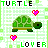 Pixel art contact sheet showing two animated frames of a green turtle with pink hearts and text reading TURTLE LOVER on a light green grid background.