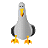Pixelated bird character with gray body, yellow beak, and orange feet in three distinct poses against gray background.
