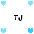 Pixelated blue hearts and black 'TJ' text arranged in a pattern on white background