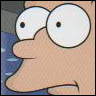 Close-up of a cartoon character's face with large round eyes, a long nose, and a neutral expression against a blurred background.
