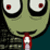Pixelated green alien character with red eyes and tongue sticking out next to stylized text on a white background.