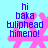 Pixelated blue text on light blue background with pink starburst shapes, showing four identical frames with text "hi baka tuliphead himeno!".