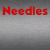 Red text reading 'Needles and Pins' appears above a pixelated image of small metallic objects in a plastic bag against a gray gradient background.