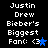 Black background with white pixelated text reading "Justin Drew Bieber's Biggest Fan: <3" and a blue star symbol, displayed in two side-by-side
