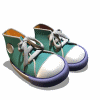 Four of four identical cartoon sneakers with teal uppers, white toe caps, purple soles, and light gray laces, each pair viewed from a slightly different angle