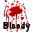 Pixelated red splatter graphic with black text 'Bloody' on white background, showing blood-like droplets and streaks around the word.