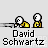 Pixelated character with white head and yellow body in various poses above 'David Schwartz' text, some frames show red splatter effects.