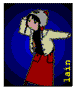 Pixelated character in red skirt and light jacket adjusts hat against changing circular backgrounds with yellow 'lain' text.