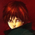 Pixelated anime-style character with reddish-brown hair and dark green collar, shown in four sequential poses against solid red background.