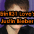 A pixelated image of a person with brown hair and a black shirt against a purple background, with orange text overlay reading 'GinR31 Love's Justin Bieber'.