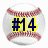 A baseball with red stitching and the text #14 in dark blue outlined in yellow, displayed across three identical frames.