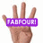 A hand with fingers extended displays text overlays in purple and cyan blocks against a white background.