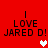 Red background with black text reading "I LOVE JARED D!" and a white heart icon that changes to pink across four