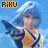 Pixelated character with blue hair and yellow-orange top points a black handgun against light blue background, repeated in pattern