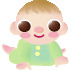 Pixelated cartoon baby with light brown hair, green pajamas, and pink cheeks in two expressions: open eyes smiling and closed eyes smiling.