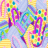 Pixelated abstract composition of swirling pastel and bright colors forming indistinct shapes against a light blue background.