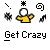 Pixelated graphic with central yellow figure holding white orb, surrounded by black-and-white abstract shapes on gray background, with 'Get Crazy' text below.