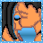 Pixelated cartoon character with orange skin and black hair in two side-by-side frames showing slight pose differences against a blue background.