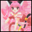 Pixelated anime-style character with pink hair and black-and-white cat ears, holding a sword-like object against a pink background.