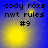 Blue background with yellow gradient glow and black text reading cody roxs nwt rules #9 across four showing animation changes
