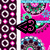 Pixelated buddy icon with multiple sections: left side has circular patterns, middle has pink and green abstract shapes, right side has green text on floral background.