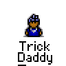 Animated contact sheet of a Trick Daddy buddy icon with pixelated character, text bubbles, and facial expressions across 16 frames.