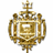 A pixelated golden emblem with a crown-like top and symmetrical design on a white background, next to yellow text on a blue background.