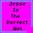 Four identical pink square with cyan borders display "Jesse Is The Perfect Girl" text, each has a distinct small symbol in the bottom-right corner