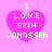 Four identical pixelated heart-shaped icons with white text on a pink background, each displaying "I L.O.V.E SETH JONASSEN" in blocky font.