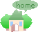Pixel art contact sheet showing two frames of an animated house icon with a speech bubble and changing door state.