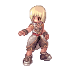 Six pixel-art character poses of a blonde-haired figure in brown and white armor against a gray background.