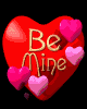 Red heart-shaped icon with 'Be Mine' text and floating pink hearts on black background, animated with heart positions shifting across frames.
