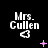 Black background with white text 'Mrs. Cullen' above a white heart outline, accompanied by pink plus signs and X symbols that change position across frames.